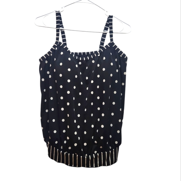 Kim Rogers Curvy Black White Polka Dots & Stripes Blouson Tankini Top Plus 18W - Picture 1 of 6
